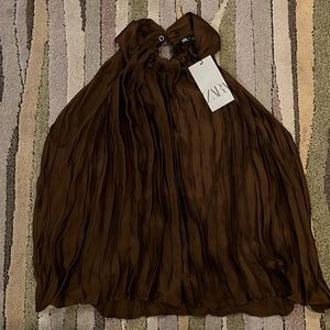 Zara Brown Pleated Halter Blouse Size XL